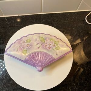 Trinket Fan-Shaped Box Purple Violets/Pansy Hand Painted